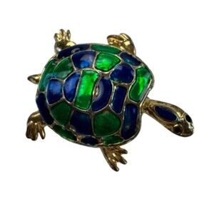 Vintage Turtle Brooch Green Blue Enamel Gold Tone Animal Pin Jewelry